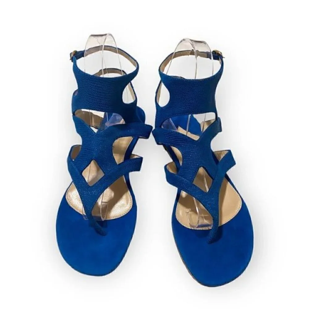 Paul Andrew double ankle strap flat thong sandals in blue embossed suede, New